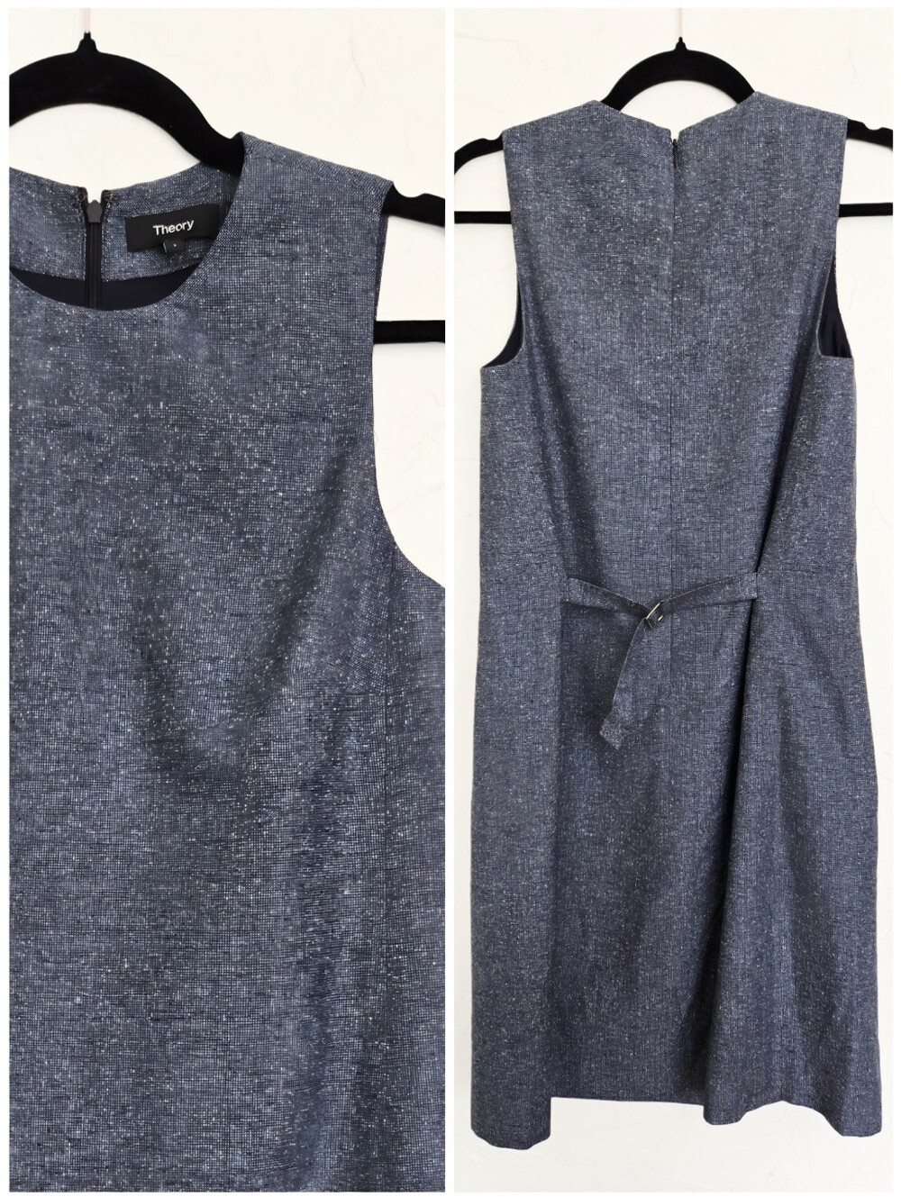 Theory Wool Silk Blend Woven Blue Cinched Back Dress, 2
